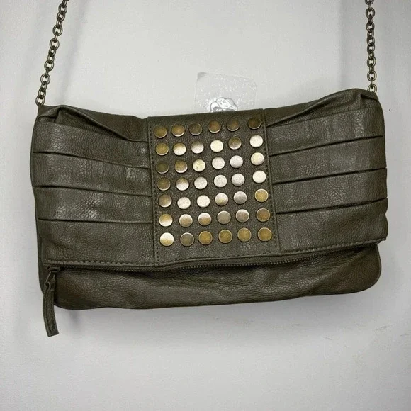 Aldo Olive Green Studded Gold Brass Hardware Punk Rock Retro Fold Over Bag Purse - Picture 7 of 8
